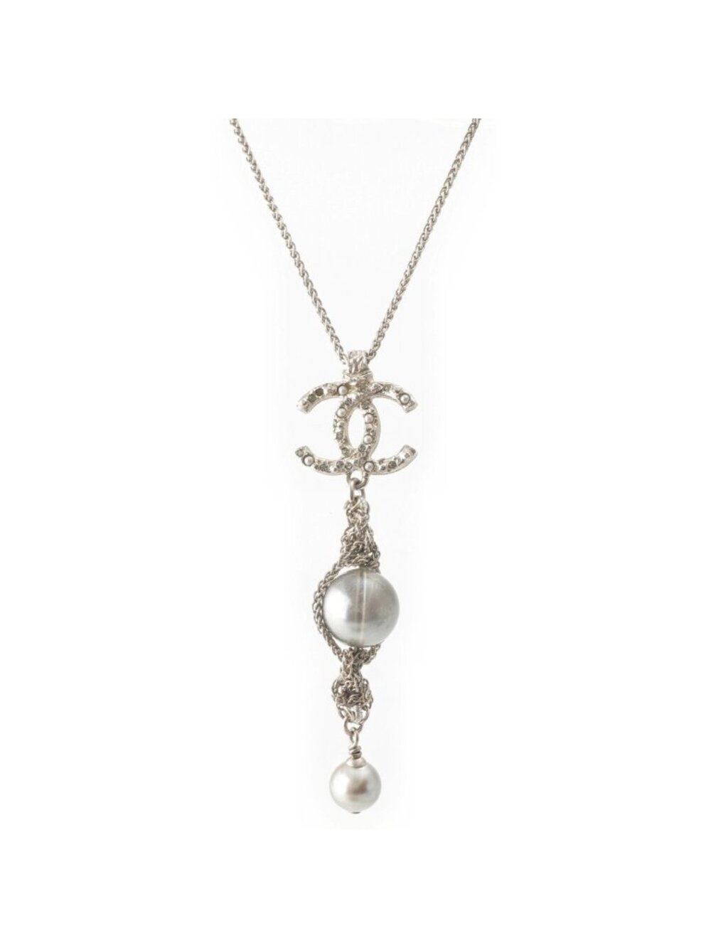 Chanel Metal Pearl CC Logo Rhinestone Necklace Silver